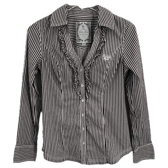 Guess Gray White Stripe Ruffle Fitted V-neck Button Up Shirt Size Medium - Picture 1 of 10